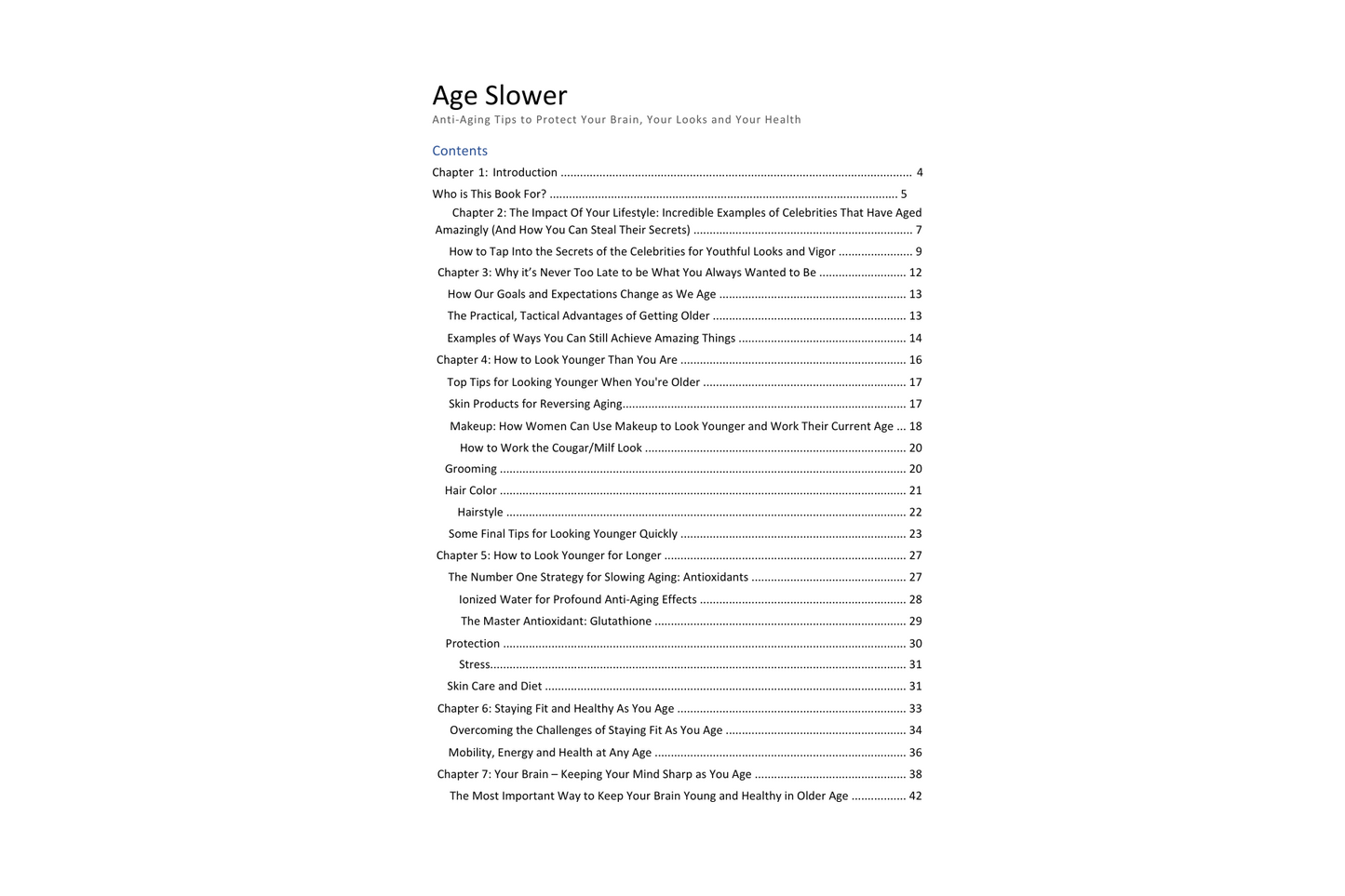 An image shows the Age Slower document by Digital Enterprise. The table of contents includes chapters on makeup tips, brain protection strategies, and hairstyles, covering health benefits for maintaining youthfulness and staying active.