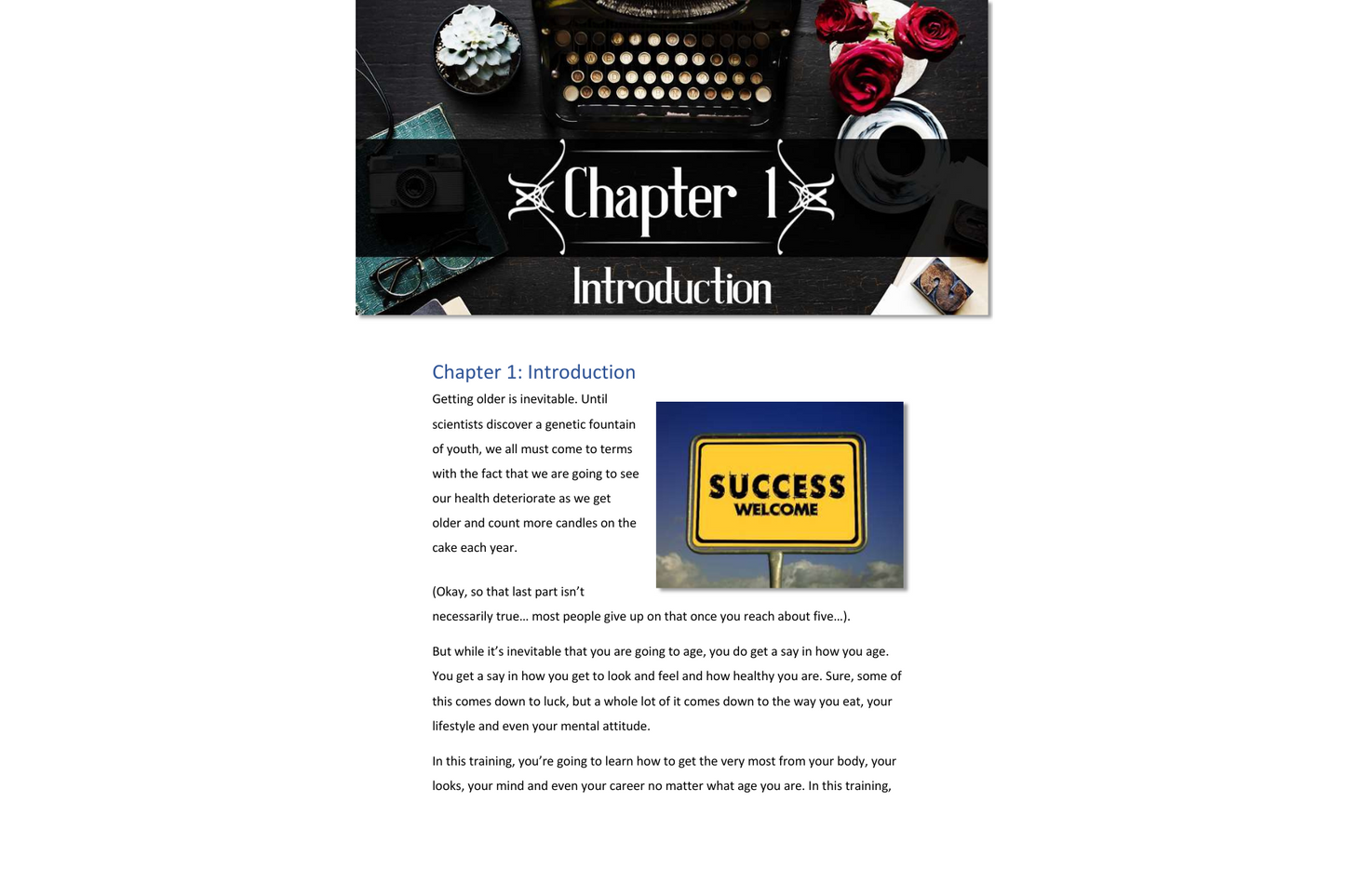 A vintage typewriter beneath roses shows Chapter 1: Introduction, and below is a sign that says SUCCESS WELCOME alongside information on brain health and beauty tips for aging gracefully. Featured is Age Slower by Digital Enterprise.