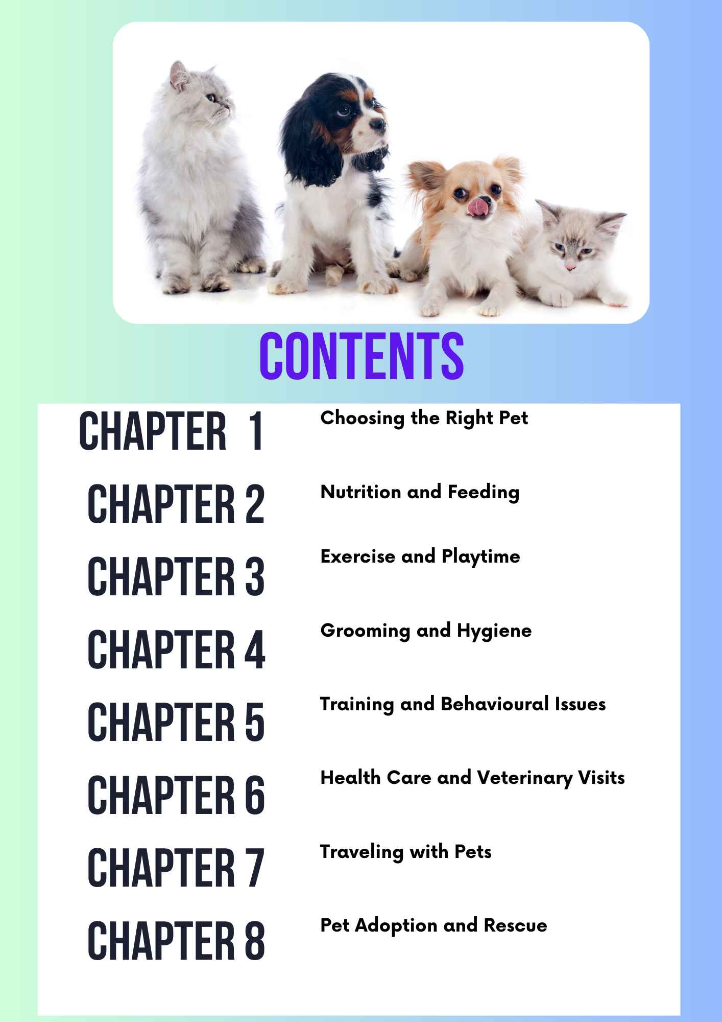 The PET & DOG LOVERS BUNDLE from Digital Enterprise features a contents page with cat and dog images, covering topics like choosing pets, feeding, playtime, grooming, training, health care with a puppy checklist and homemade dog treats. The background has a blue to green gradient.