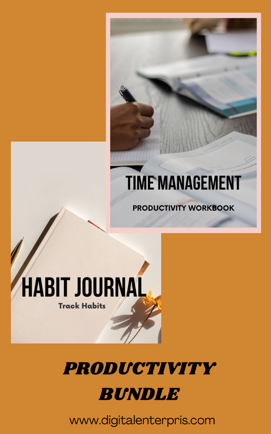 An ad for Digital Enterprises PRODUCTIVITY BUNDLE shows someone writing in the Time Management Workbook and a Habit Journal with a pen. Learn more at the website link below.